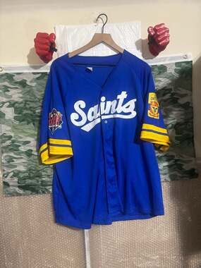 St. Paul Saints Baseball Jersey, Embroider Hat & Saint Paul Saints Banner. 3 Lot